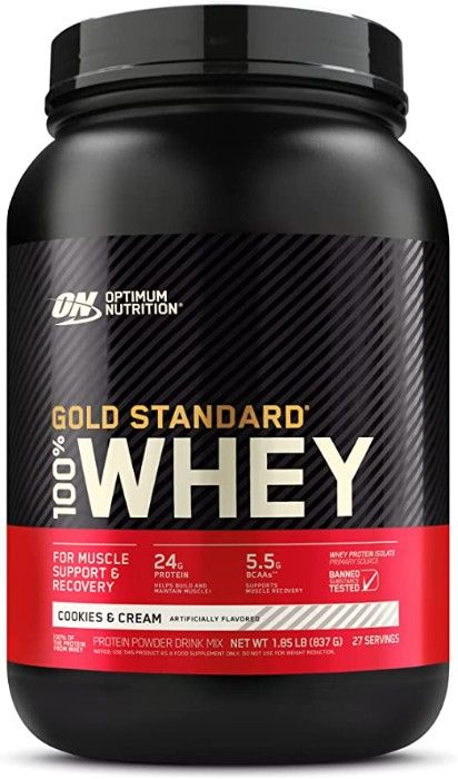 A jar ofOptimum Nutrition Whey Protein Powder